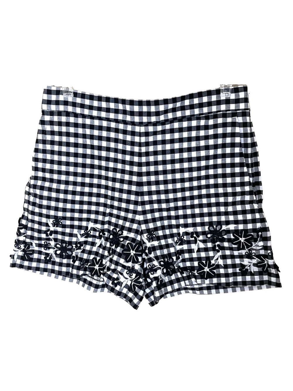Ann Taylor Gingham Plaid Hot Shorts 4 Black White Floral Embroidery Retro Pinup